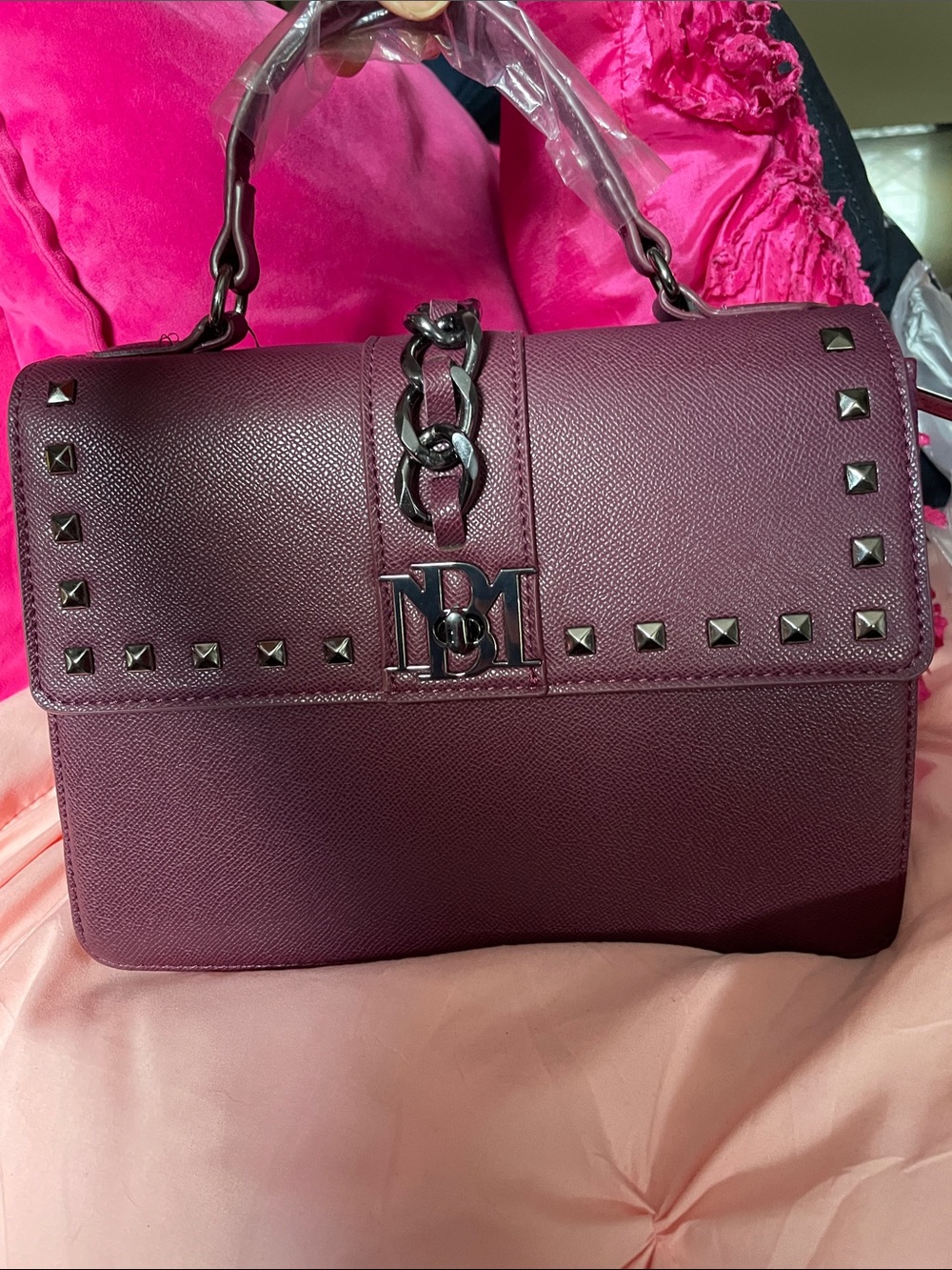Badgley Mischka Plum Studded Top-Handle Satchel